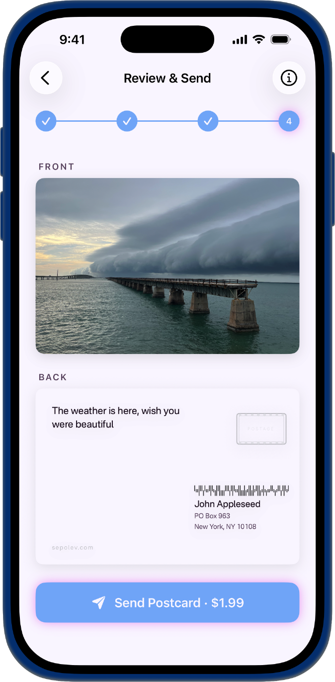 A screenshot showing the final step of sending a postcard in Sepolev Neon